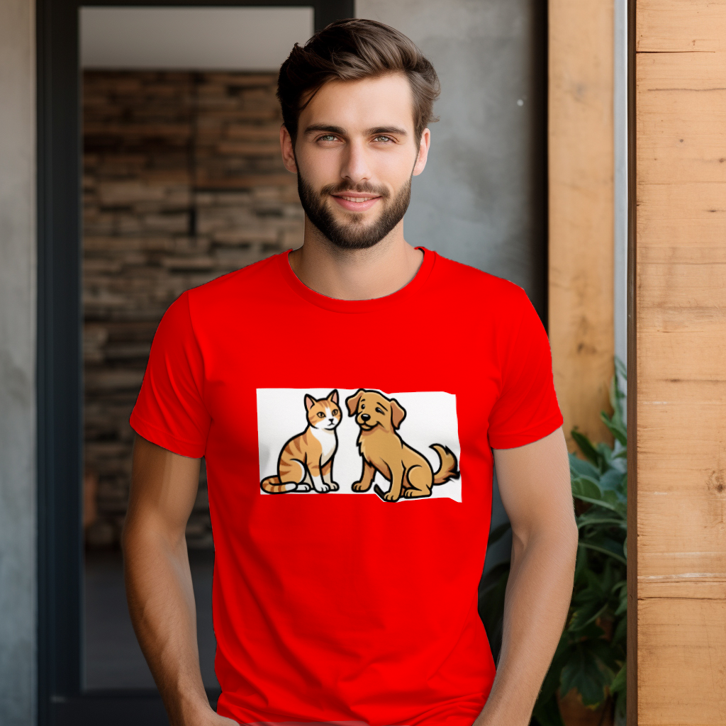cat_and_dog_playtime_men's_t-shirt_color_#FF0000