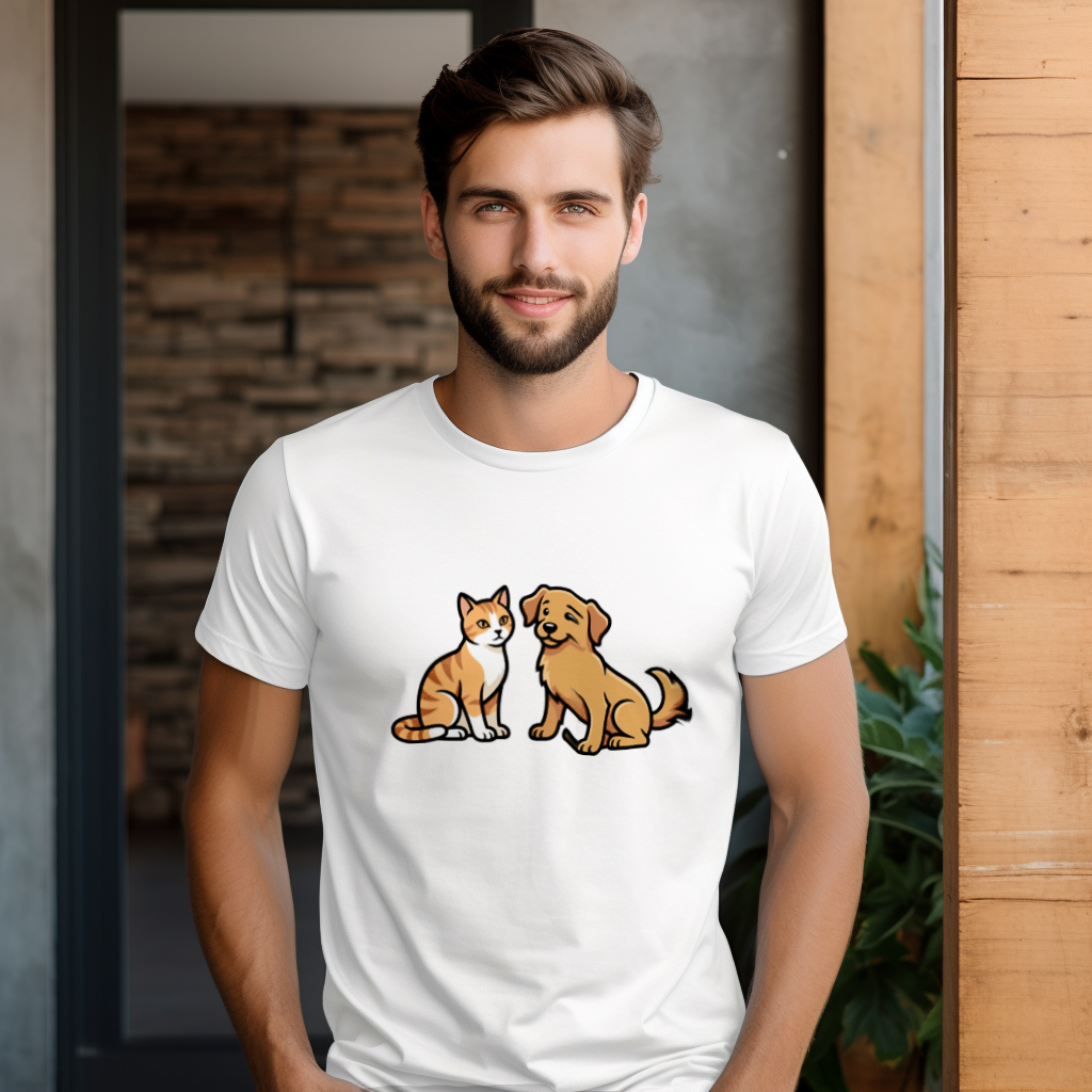cat_and_dog_playtime_men's_t-shirt_color_#FFFFFF